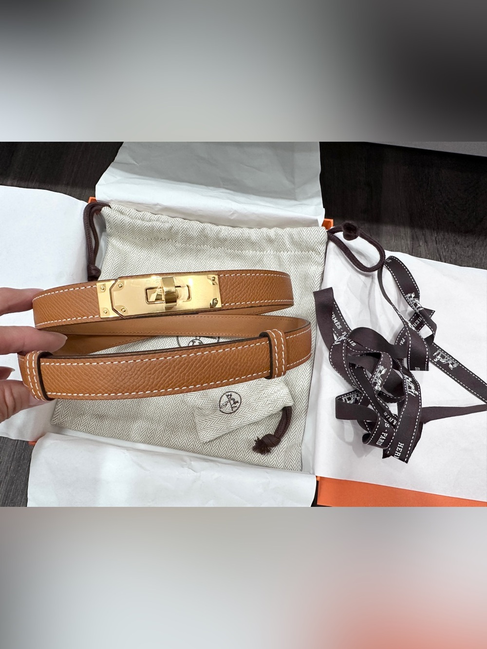 HERMES KELLY 18 GOLD EPSOM BROWN Calfskin Leather BELT YELLOW GOLD HARDWARE NEW